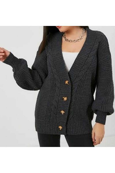 moda mh Knitted Patterned 5 Buttoned Balloon Sleeve Detailed Knitted Cardigan