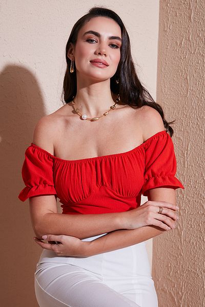 Lela Regular Fit Madonna Collar Lacing Detailed Crop Blouse Bluz 6527017