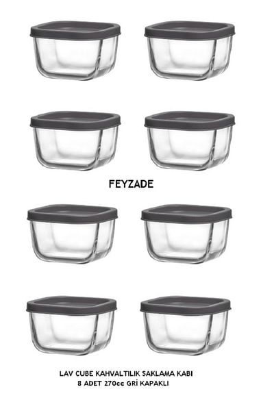 LAV Feyzade Cube Set of Breakfast Storage Containers 8 Pcs 270Cc Grey Lid (Cub-225)