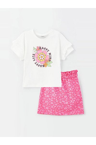 LC Waikiki Crew Neck Printed Short Sleeve Girl's T-Shirt and Skirt (S3)