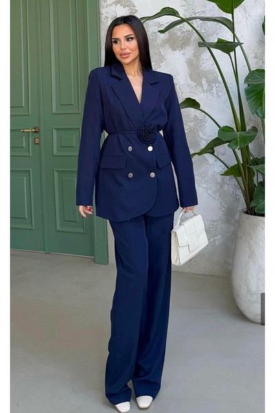 pembekurdelem Navy Blue Women's Jacket and Trousers Set - Rose Detailed