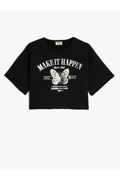 Koton Tricou crop din bumbac cu mânecă scurtă cu imprimeu fluture