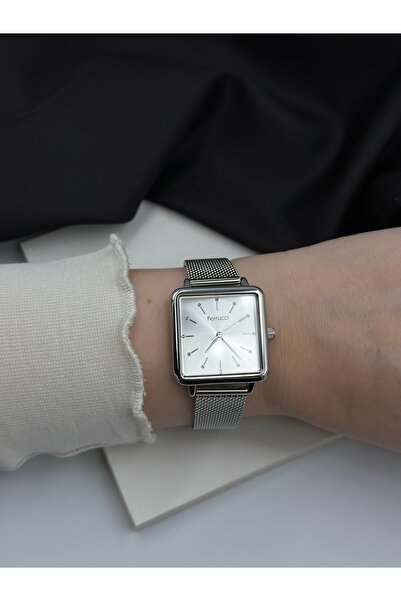 Ferrucci Square Form Silver Mesh Cord Stone Minimal Ferrucci Women's Watch