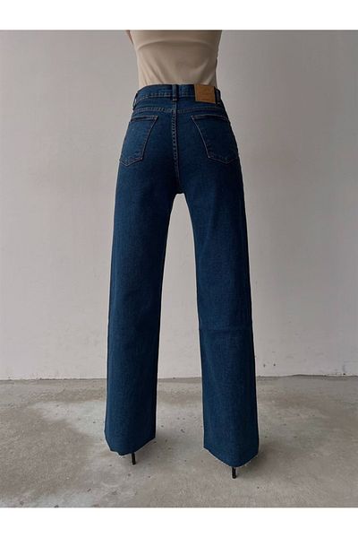 TugsatTasarTekstil Dark Blue High Waist Loose Wideleg Palazzo Jean Women's Lycra Jeans