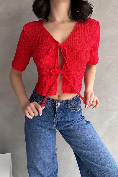 bacc Women's Red V-Neck Tie Front Seersucker Crop Blouse Bcdf- 252169