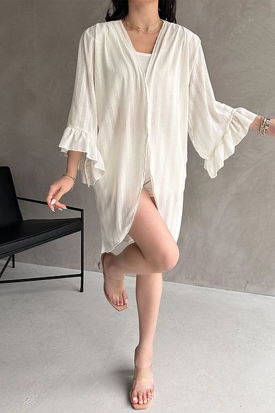 bacc Women's White Flared Sleeves Mesh Cardigan Bcdf- 252171