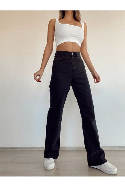 TugsatTasarTekstil Black,High Waist Loose Wideleg Palazzo Jean Women's Lycra Jeans