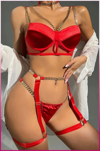 Kırmızı Merdiven Zincirli Göğüs Balenli Kadın Seksi Jartiyer Takım