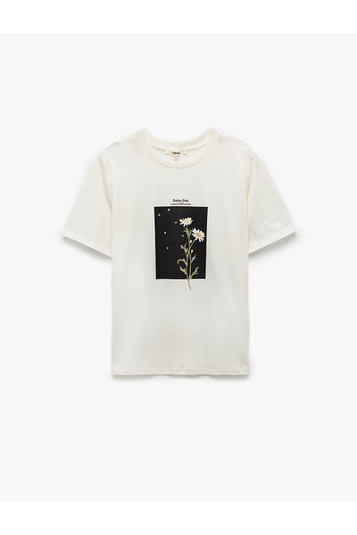 Koton Cotton Crew Neck Short Sleeve Daisy Printed T-Shirt