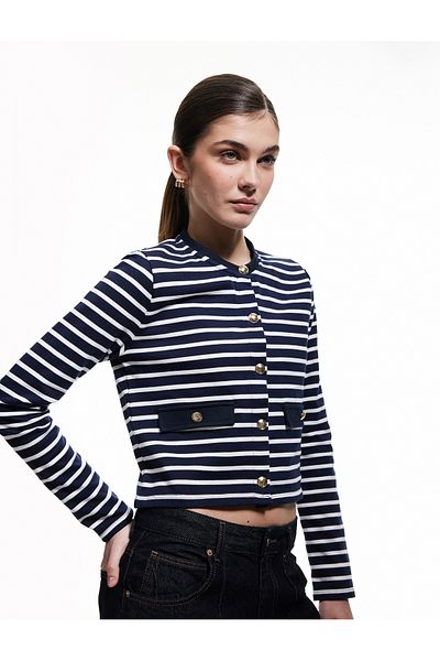Koton Crew Neck Long Sleeve Buttoned Striped Cardigan