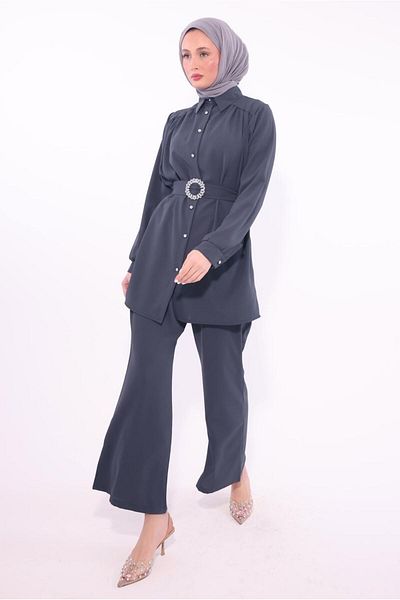TRENDTESETTÜR Gray Fume Belted Pants Set - Women's t 9674