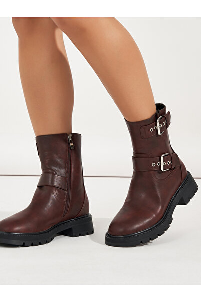 Brown Side Buckle Accent Biker Ankle Boots