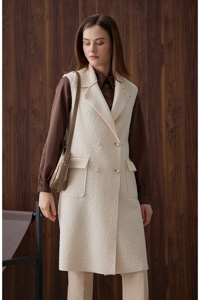 Fatma Atasoy Pearl Button Ecru Teddy Vest