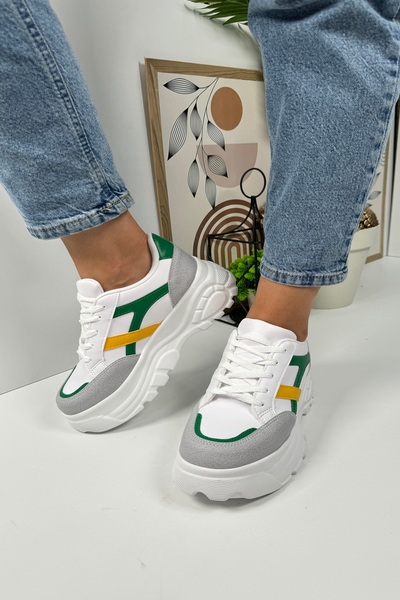 Nstil Кам'яно-зелено-жовті жіночі кросівки - товста висока підошва, шнурівка з тигровою смужкою 032