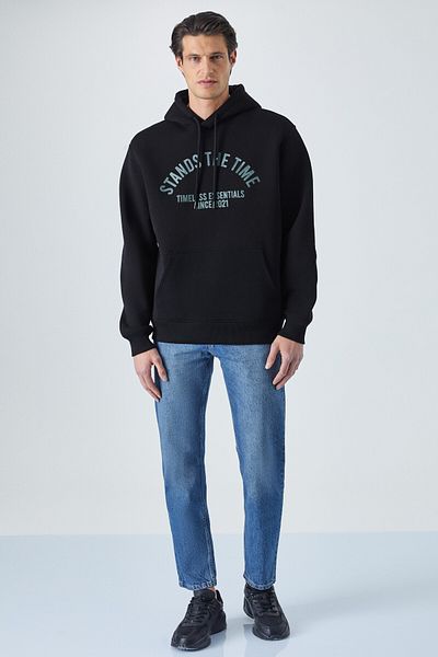 GRIMELANGE Wulf Men's Fleece Hooded Black Sweatshirt - Organic Fabric with Kangaroo Pockets