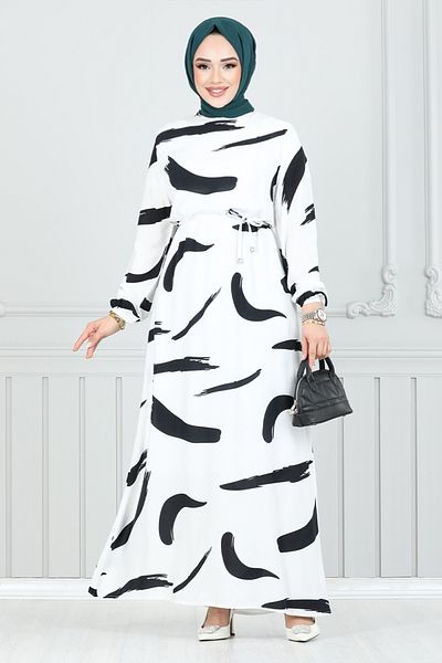 ModaMerve Patterned Viscose Dress 800Ozr1047-M Ecru Color