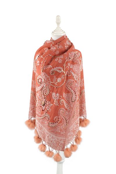 Bursa İpek Salmon Washed Wool Pompom Shawl
