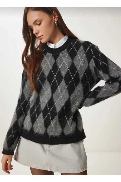 moda nistan Pulover de tricotaj cu textura moale cu model Baklava NEGRU ANTRACIT