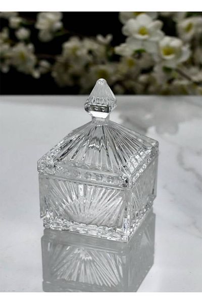 Wow Home Glass Square Sugar Bowl with Cutting Model Lid Turkish Delight Bowl Presentation Bowl