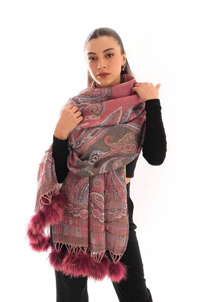 Bursa İpek Dusty Rose Washed Wool Pompom Shawl
