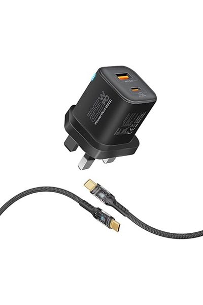 Promate Dual Port Wall Charger, 25W PD, 18W QC 3.0, 60W USB-C Cable, Adaptive Charging