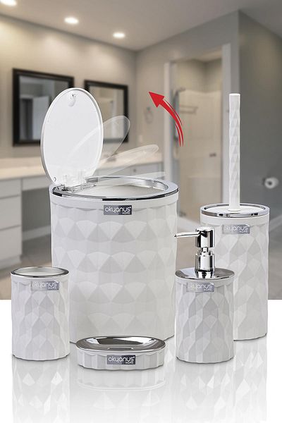 Okyanus Home Diamond White Chrome Click Cover 5-Piece Bathroom Set