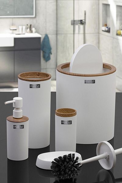 Okyanus Home Σετ μπάνιου Mina White Ξύλινο ριγέ στρογγυλό 5 τεμαχίων