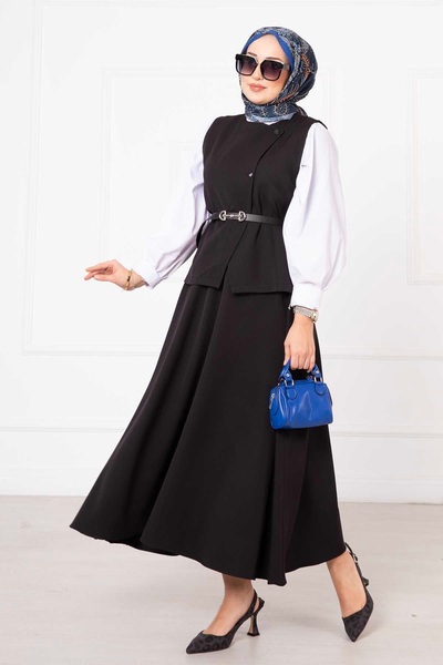 TrendParis مجموعة تنورة سترة بحزام بأزرار