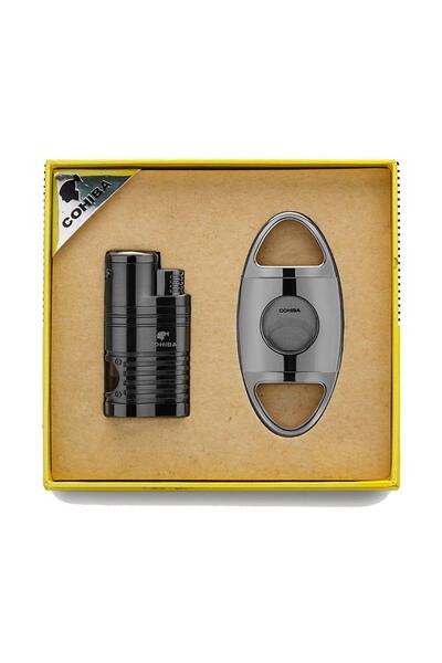 COHİBA Cohiba 4 Torch Çakmak Ve Kesici Puro Seti Gunmetal