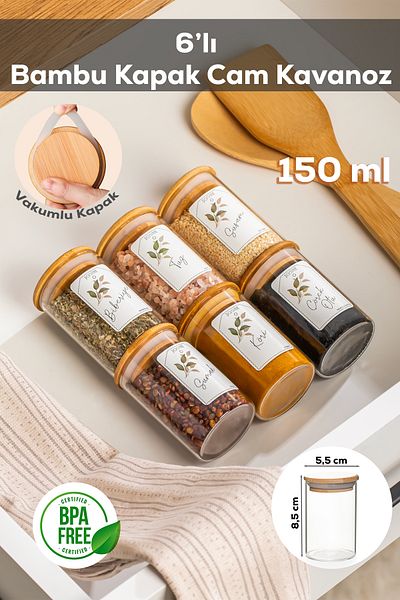 Porsima 3178 Glass 6-Piece Vacuum Bamboo Lid Spice Jar Set, Storage Container with Label (150ml)