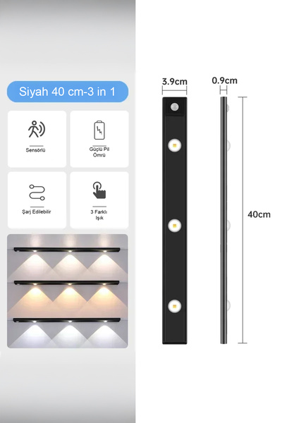 ebulduk Akıllı Hareket Sensörlü 3 Işık Modlu Lamba Dolap Mutfak Işığı - 3Led - 40 Cm Usb Şarjlı