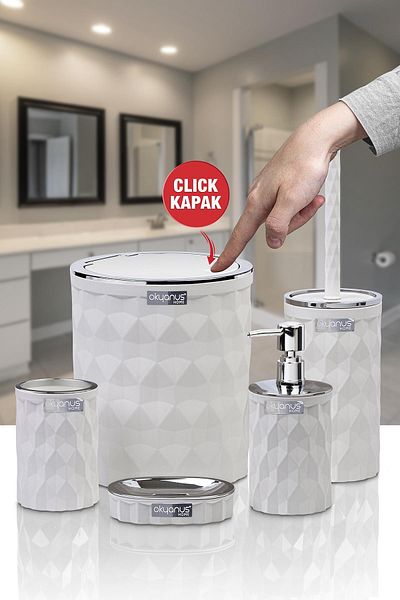 Okyanus Home Diamond White Chrome Click Cover 5-Piece Bathroom Set