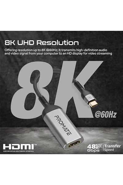 Promate USB-C to HDMI Adapter, Ultra HD 8K@60Hz, 48Gbps, 10000+ Bend Lifespan, MediaLink-8K