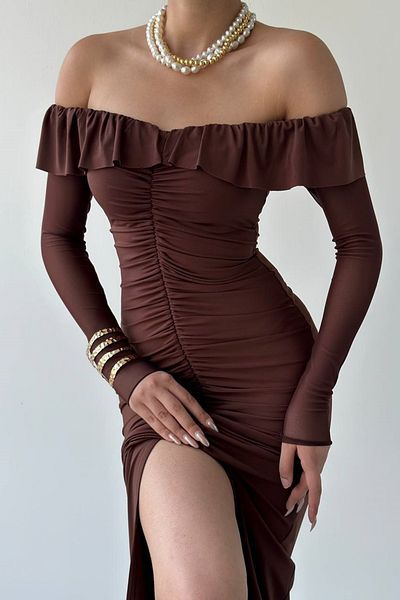 WOMAN VISION Rochie de seară midi din tul pentru femei, maro, nisip, cu volane, decolteu fără bretele, cu mâneci, 304