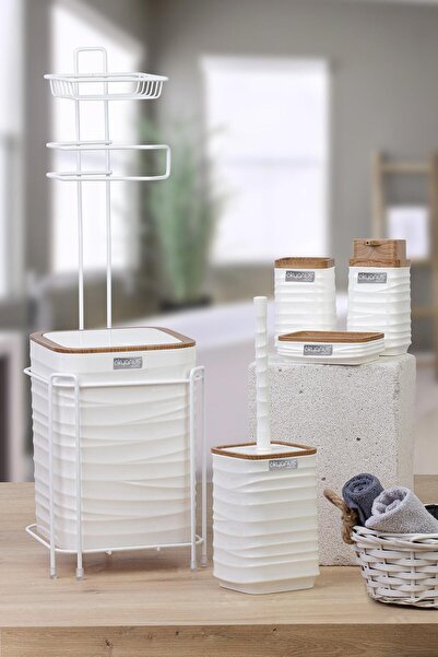 Okyanus Home Λευκό ξύλινο μοτίβο Luna Square Backup Wc Paper Holder και 6 τεμαχίων σετ μπάνιου