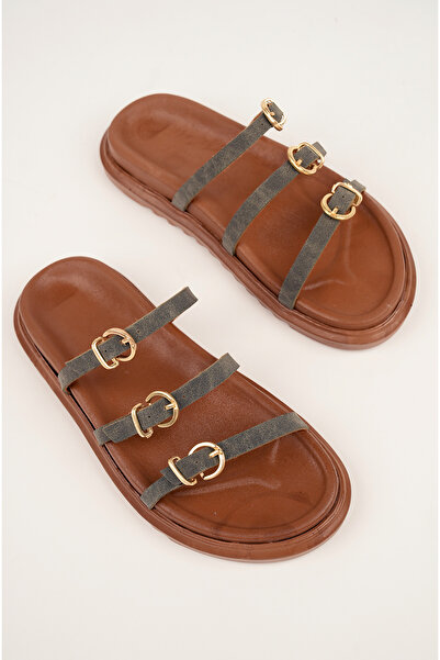 meyra'nın ayakkabıları Women's Green Matte 3 Buckle Orthopedic Sole Slippers