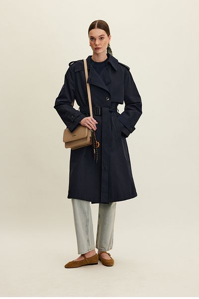 Manuka ANIKA Marineblauer zweireihiger Trenchcoat mit Gürtel
