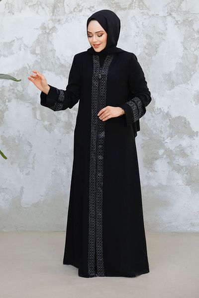 Neva Style Patterned Striped Black Gray Hijab Abaya 18004Sgr