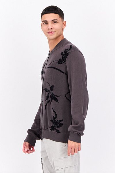 Perry Ellis Men Baseball Collar Knitted Full Zip Sweater, Grey