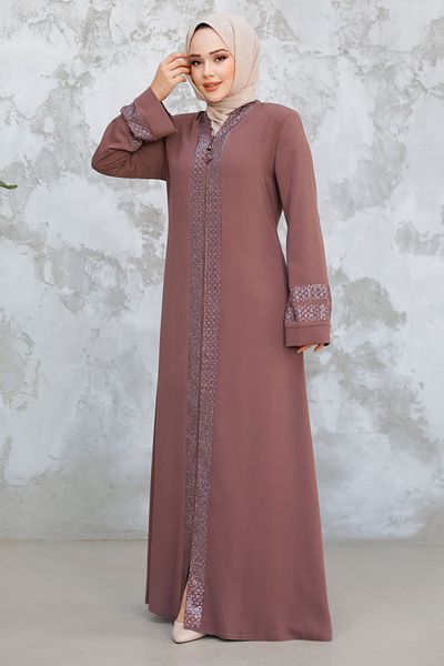 Neva Style Patterned Striped Dusty Rose Hijab Abaya 18004Gk