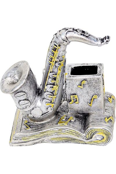 Winds Trading Polyresin Saxophone Music Décor 7.5", Resin Pen Holder, Silver, for Desk, Office, Home Decoration.