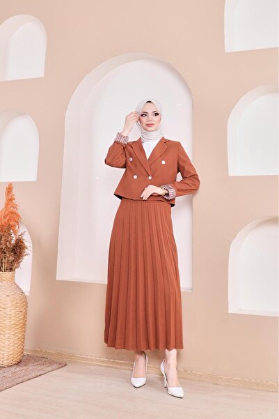 MİSS M.A.T FASHİON BLAZER JACKET PLEATED SKIRT METAL 4-BUTTON DOUBLE-BREASTED SUIT