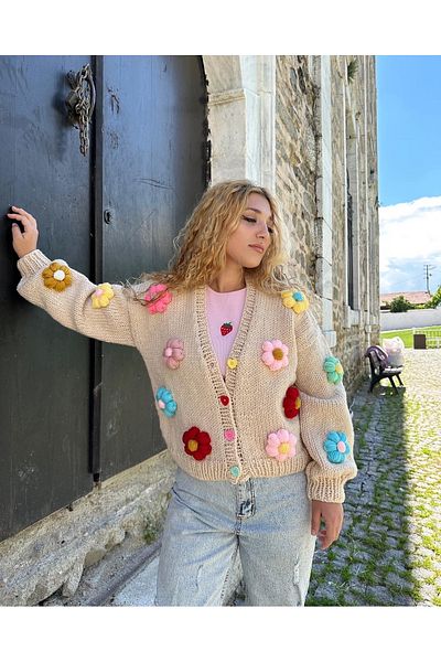 EMAKROME Cardigan de damă cu flori tricotat manual