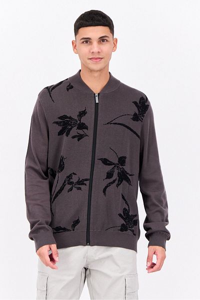 Perry Ellis Men Baseball Collar Knitted Full Zip Sweater, Grey