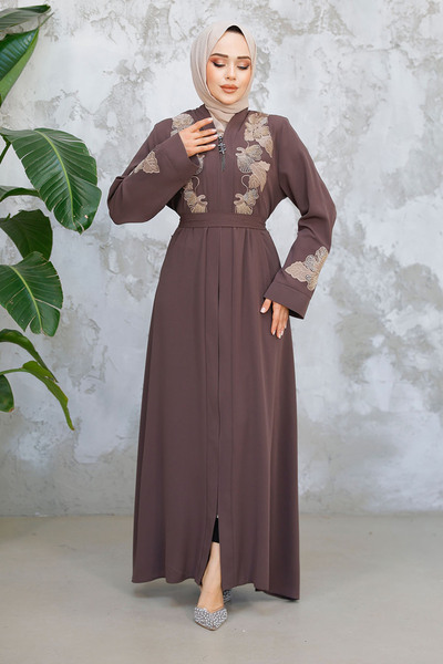 Neva Style Embroidered Brown Hijab Ferace 29124Kh