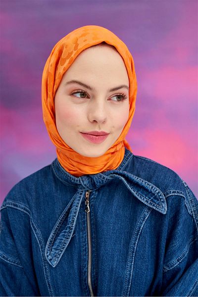 carell Orange Italian Silk Jacquard Floral Print Shawl