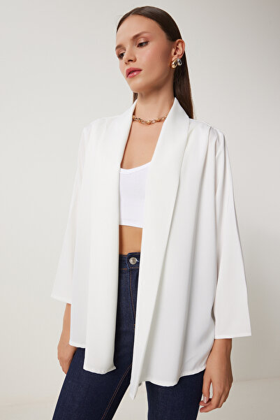 Lovelyİstanbul Jachetă elegantă din satin cu guler șal - ECRU LMC0040