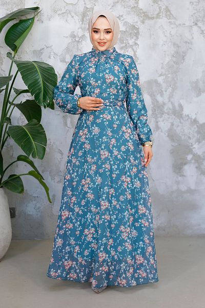 Neva Style Φόρεμα με λουλουδάτο μοτίβο Çağla Green Hijab 52682CY