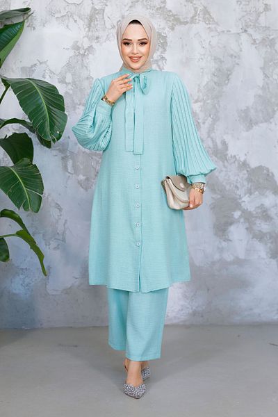 Neva Style طقم حجاب نعناعي مزدوج بأذرع مطوية 51991MINT