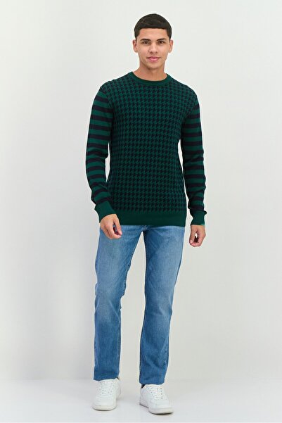 Perry Ellis Men Crew Neck Long Sleeves Allover Printed Sweater, Navy